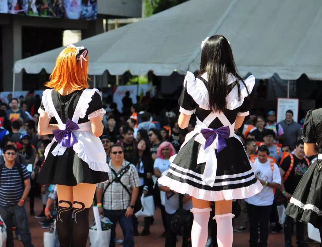 Two Arcane Maid Café maids at an outdoor festival crowd