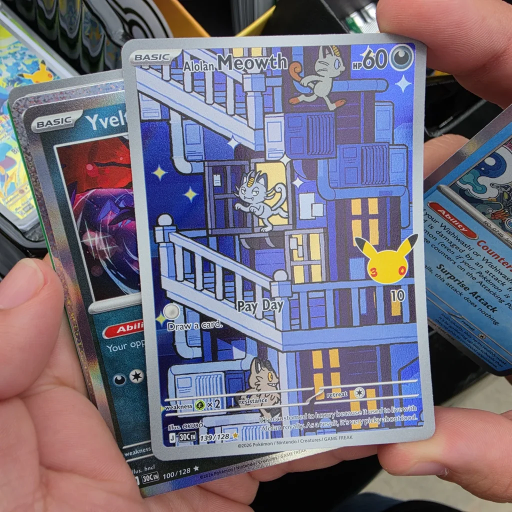 Alolan Meowth 139/128 illustration rare card from Pokémon 30th Celebration held at Arcane Maid Café