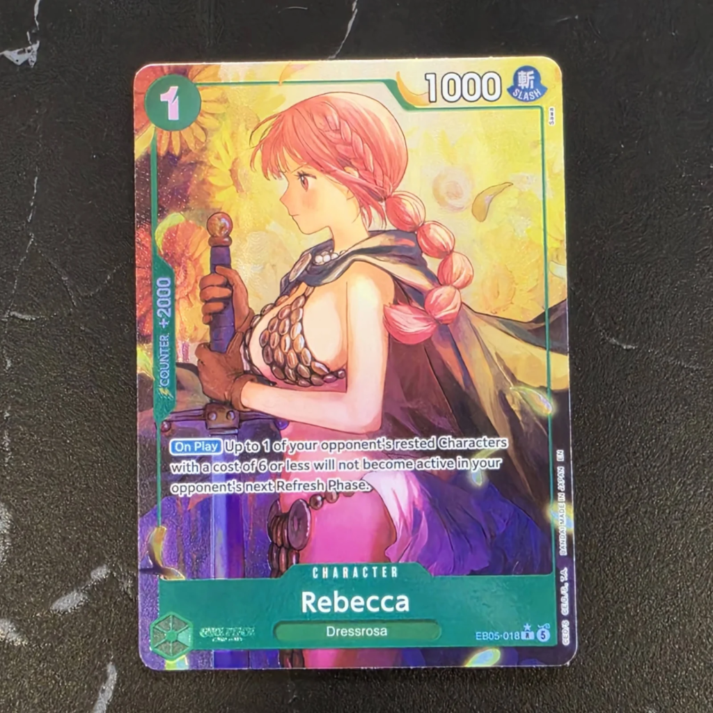 Rebecca Character EB05-018 Rare Alternate Art (Parallel), Green Slash cost 1 Dressrosa with sunflowers and sword, One Piece Card Game EB-05 Heroines Edition vol.2 pull at Arcane Maid Cafe, Arcadia CA