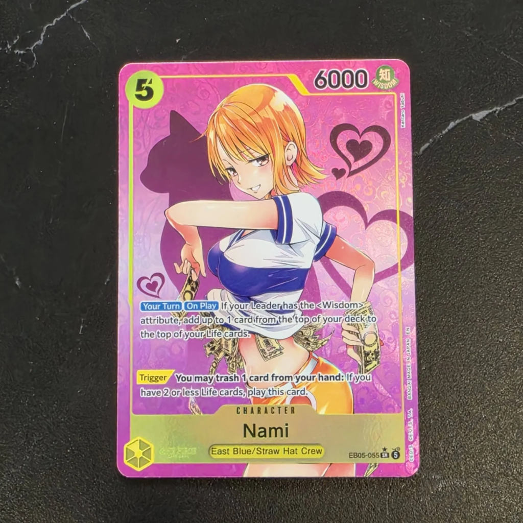 Nami Character EB05-055 Super Rare Parallel (Kentaro Yabuki art), Yellow Wisdom cost 5 East Blue Straw Hat Crew with pink cat silhouette and hearts, One Piece Card Game EB-05 Heroines Edition vol.2 pull at Arcane Maid Cafe, Arcadia CA