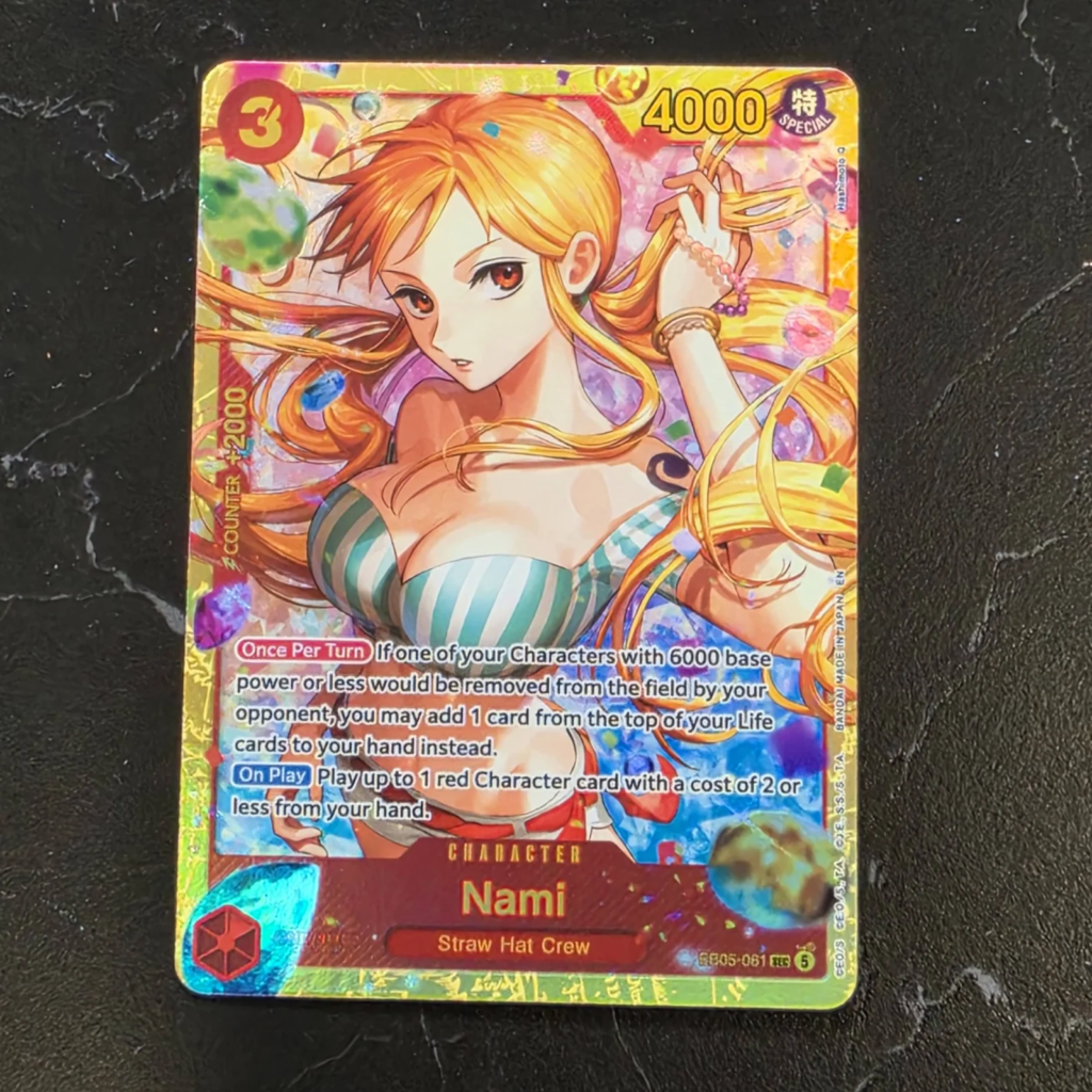 Nami Character EB05-061 Secret Rare (SEC) base art, Red cost 3 Special Straw Hat Crew in a striped bikini with textured gold holo frame, One Piece Card Game EB-05 Heroines Edition vol.2 pull at Arcane Maid Cafe, Arcadia CA