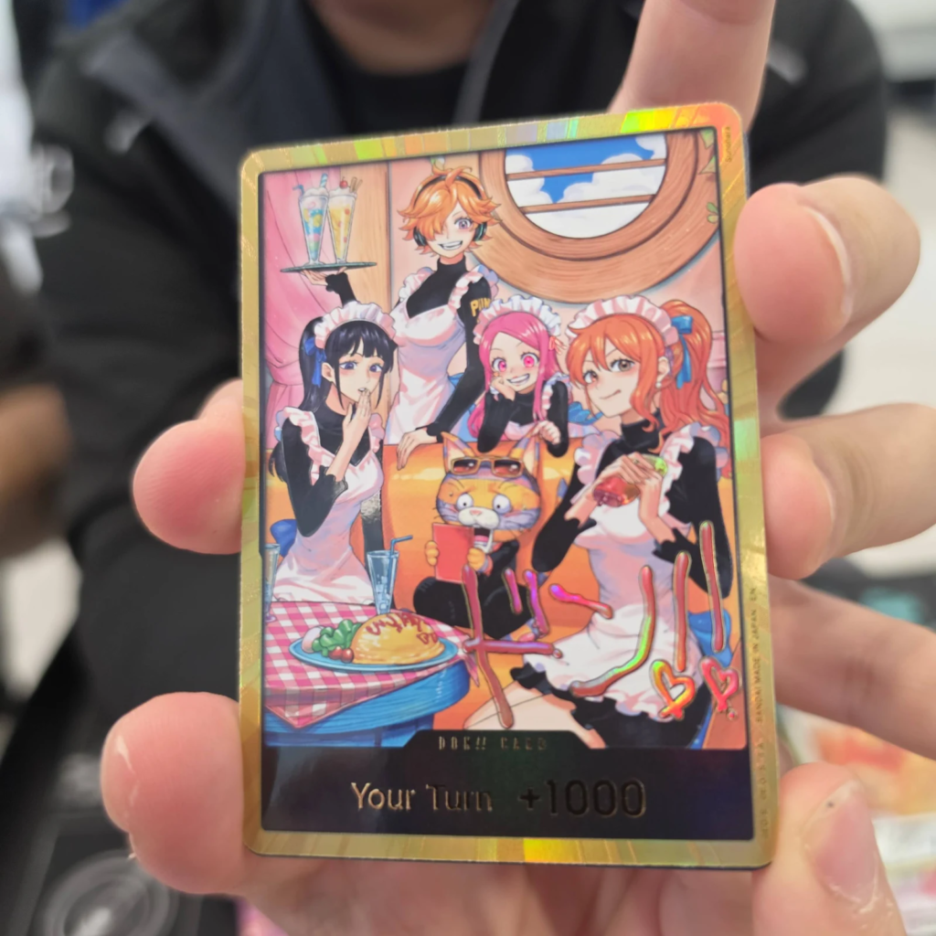 Gold maid cafe DON!! Card Alternate Art with the Straw Hat heroines as maids, pulled on EB-05 Heroines Edition vol.2 launch day at Arcane Maid Cafe, Arcadia CA