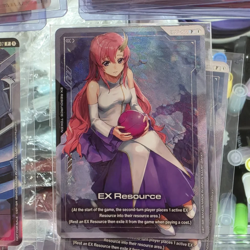 Lacus Clyne EX Resource token promo card from the Gundam Card Game, foil, pulled at Arcane Maid Café