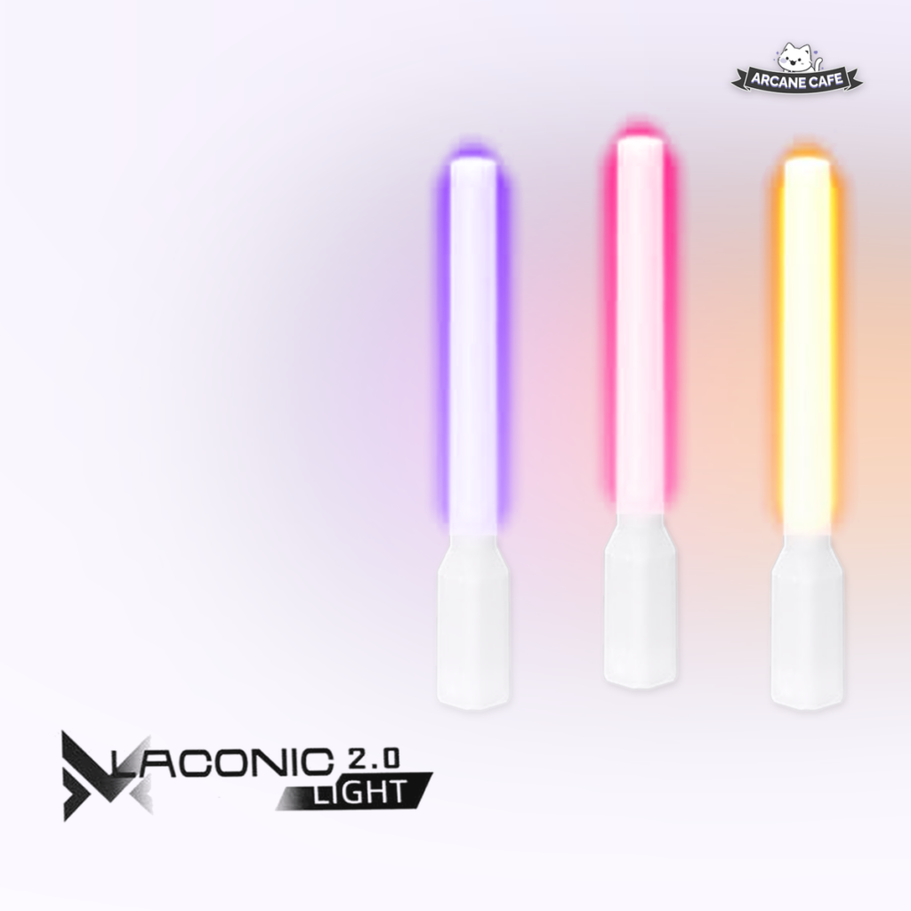 Laconic 2.0 E Lightstick in Super Purple, Super Pink and Super Orange with the Laconic Light logo