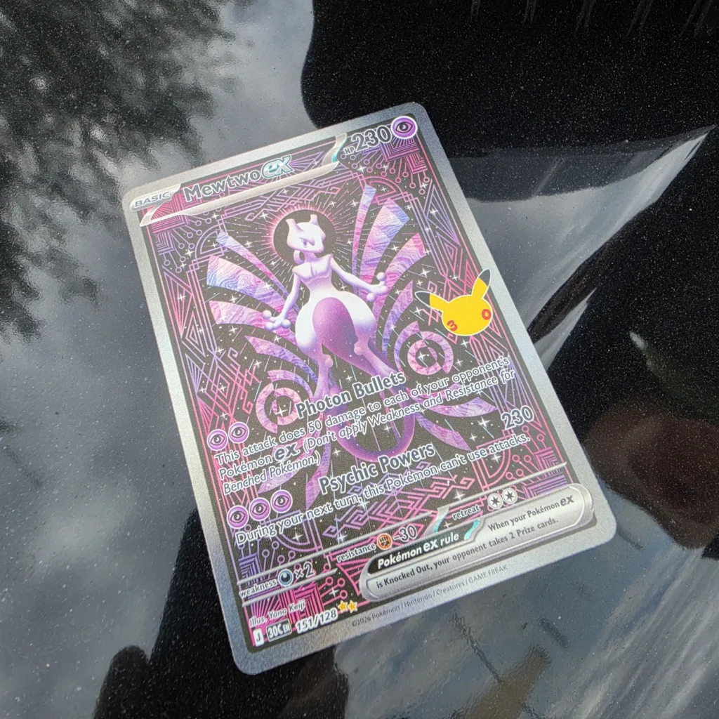 Mewtwo ex 151/128 special illustration card from Pokémon 30th Celebration, pulled at Arcane Maid Café