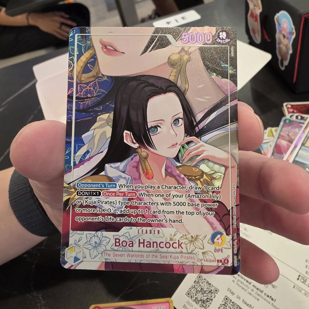 Boa Hancock Leader OP14-041 Heroine Leader Alternate Art, Blue/Yellow Seven Warlords of the Sea and Kuja Pirates Leader reprinted with new art in One Piece Card Game EB-05 Heroines Edition vol.2, pull at Arcane Maid Cafe, Arcadia CA